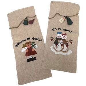 Christmas Wine Bottle Bags Angel and Snowman Cotton Blend Burlap w/ Charm Ties